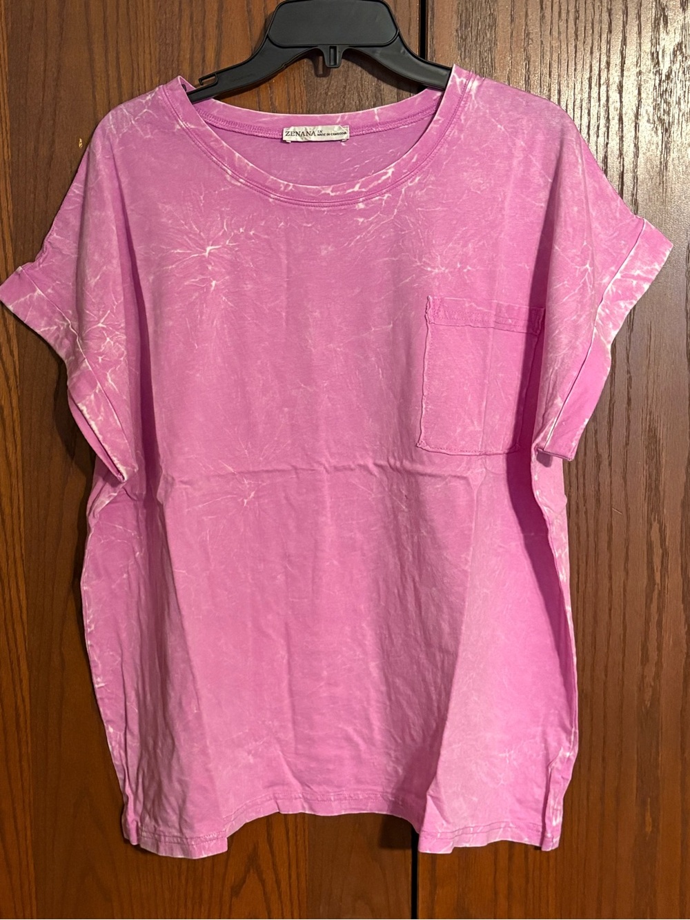 Zenana Outfitters Pink Mineral Wash Crew Tee with pocket 1X